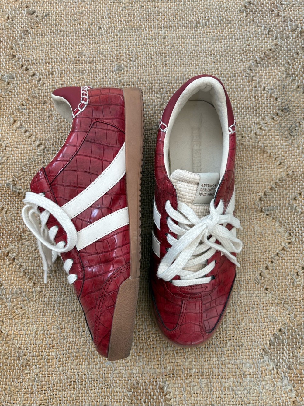 Steve Madden Red Croc-Embossed Leather Sneakers with White Stripes